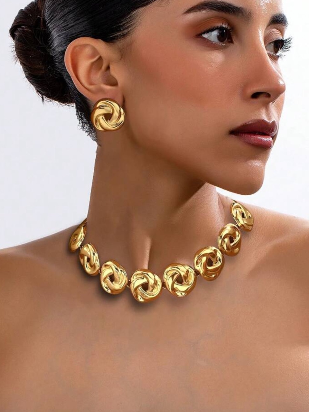 Gold Knot Statement Necklace and Earrings Set - Elegant Women’s Jewelry